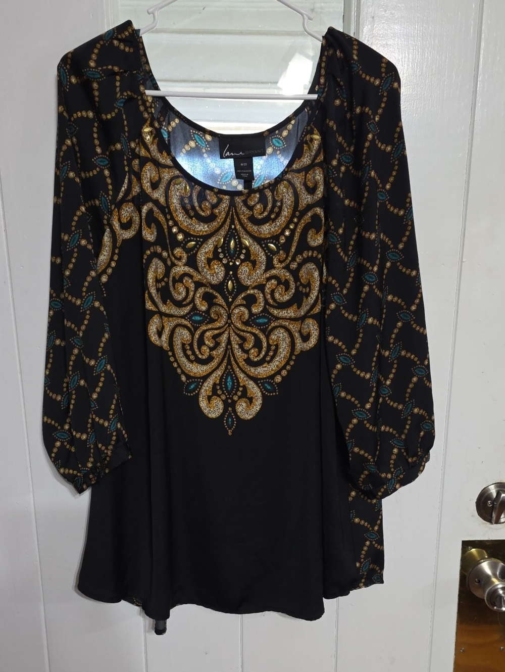 Lane Bryant Women's Blouse Black/Teal/Gold Blingy Lightweight Sz 18/20 EUC